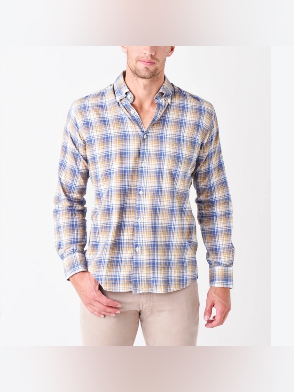 Peter Millar Blue and Tan Plaid Button-Down Shirt